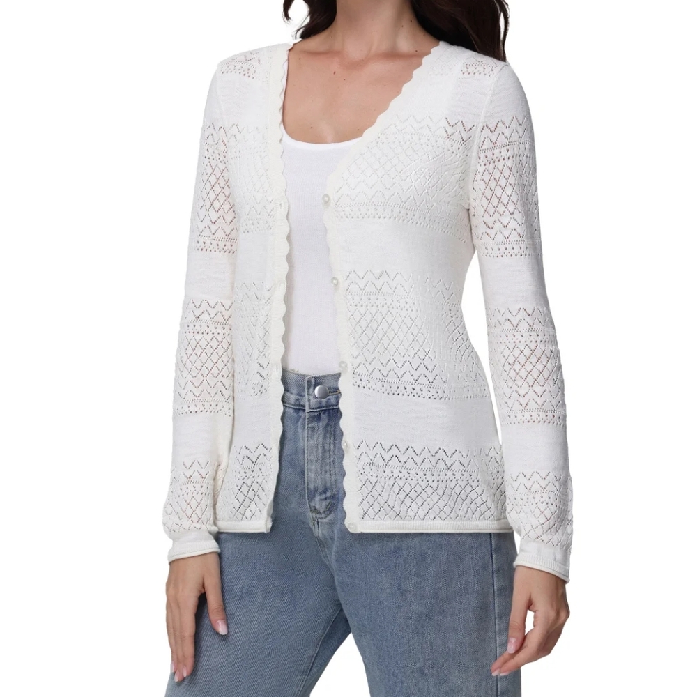 Frye Women's Ivory Pointelle Cardigan Sweater - Picture 2 of 8